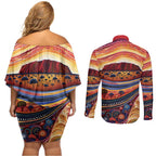 Uluru Ayers Rock Sunset Couples Matching Off Shoulder Short Dress and Long Sleeve Button Shirt Aboriginal Dot Painting