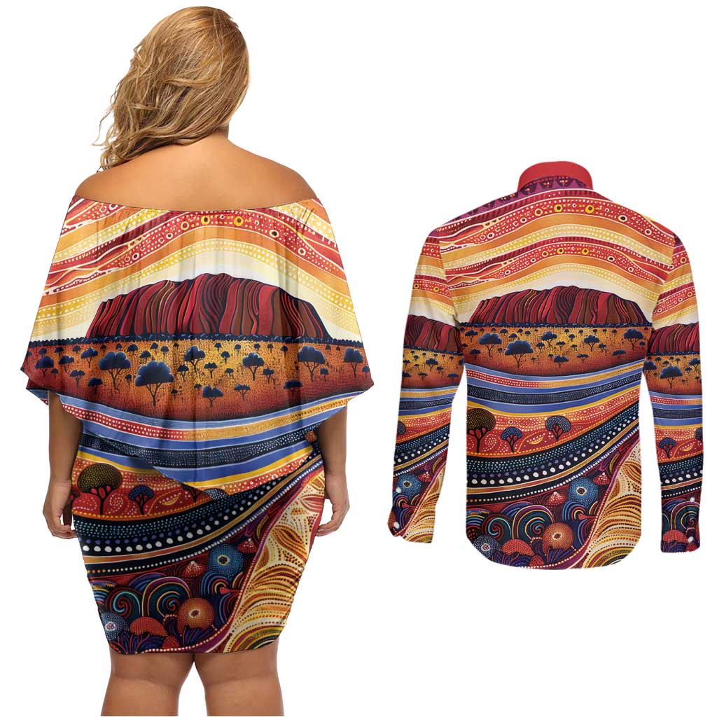 Uluru Ayers Rock Sunset Couples Matching Off Shoulder Short Dress and Long Sleeve Button Shirt Aboriginal Dot Painting