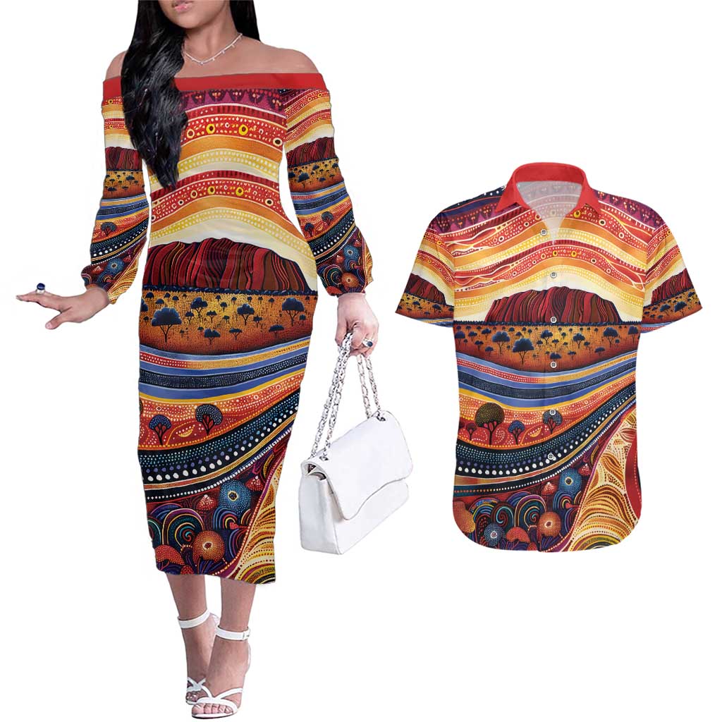 Uluru Ayers Rock Sunset Couples Matching Off The Shoulder Long Sleeve Dress and Hawaiian Shirt Aboriginal Dot Painting
