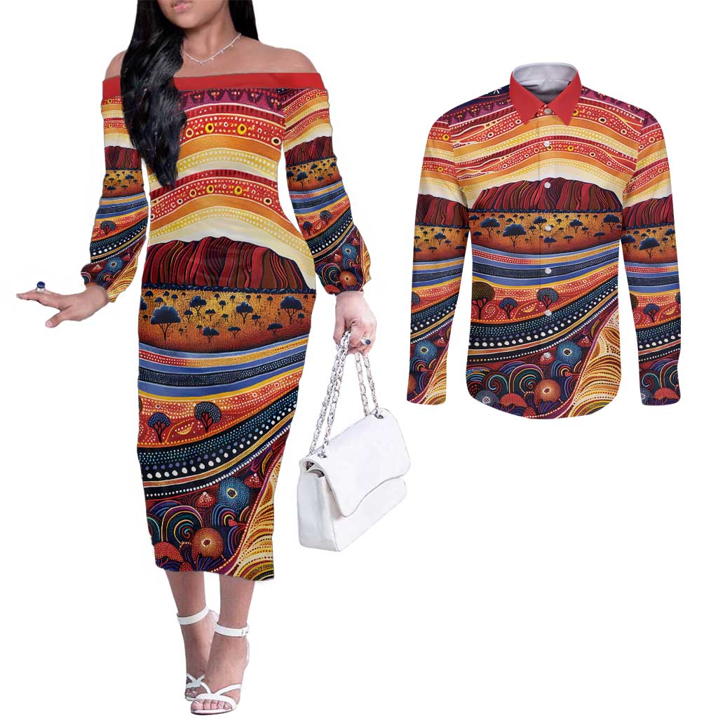 Uluru Ayers Rock Sunset Couples Matching Off The Shoulder Long Sleeve Dress and Long Sleeve Button Shirt Aboriginal Dot Painting