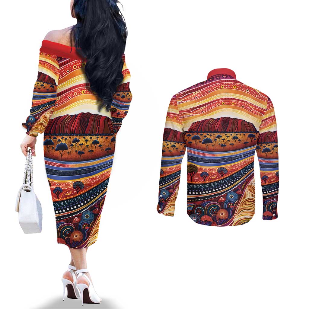 Uluru Ayers Rock Sunset Couples Matching Off The Shoulder Long Sleeve Dress and Long Sleeve Button Shirt Aboriginal Dot Painting