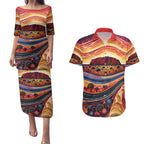 Uluru Ayers Rock Sunset Couples Matching Puletasi and Hawaiian Shirt Aboriginal Dot Painting