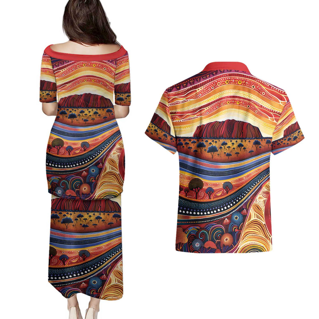 Uluru Ayers Rock Sunset Couples Matching Puletasi and Hawaiian Shirt Aboriginal Dot Painting