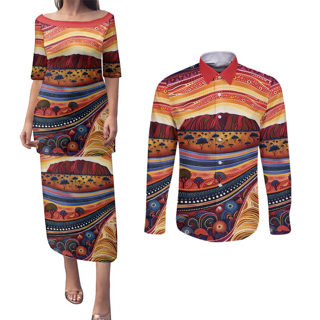 Uluru Ayers Rock Sunset Couples Matching Puletasi and Long Sleeve Button Shirt Aboriginal Dot Painting