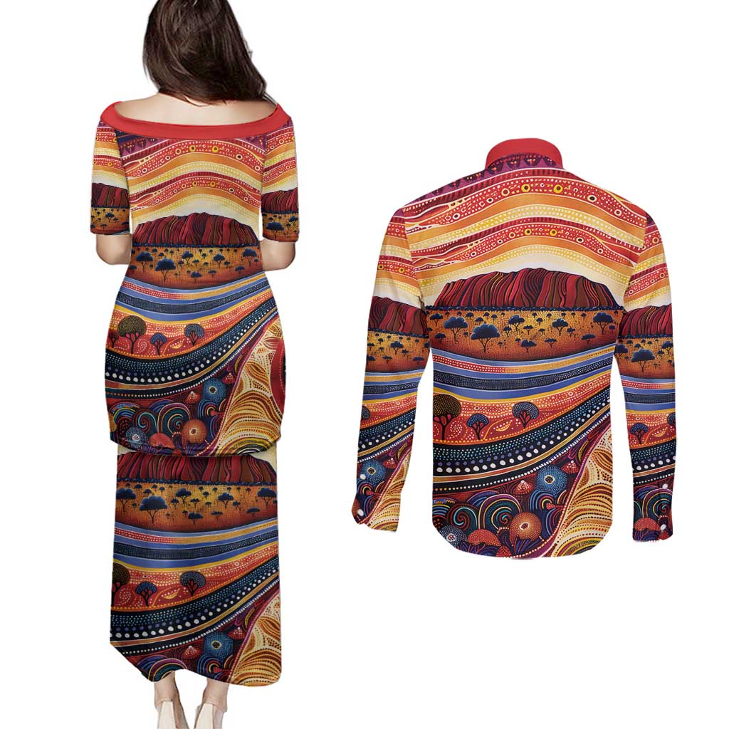 Uluru Ayers Rock Sunset Couples Matching Puletasi and Long Sleeve Button Shirt Aboriginal Dot Painting