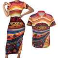 Uluru Ayers Rock Sunset Couples Matching Short Sleeve Bodycon Dress and Hawaiian Shirt Aboriginal Dot Painting