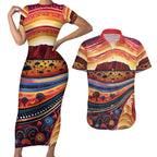 Uluru Ayers Rock Sunset Couples Matching Short Sleeve Bodycon Dress and Hawaiian Shirt Aboriginal Dot Painting