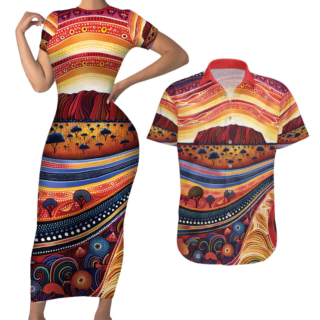 Uluru Ayers Rock Sunset Couples Matching Short Sleeve Bodycon Dress and Hawaiian Shirt Aboriginal Dot Painting