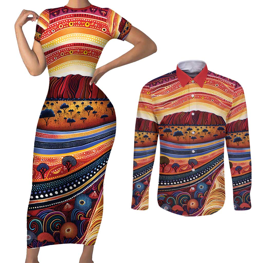Uluru Ayers Rock Sunset Couples Matching Short Sleeve Bodycon Dress and Long Sleeve Button Shirt Aboriginal Dot Painting