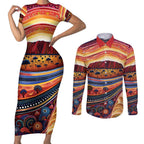Uluru Ayers Rock Sunset Couples Matching Short Sleeve Bodycon Dress and Long Sleeve Button Shirt Aboriginal Dot Painting