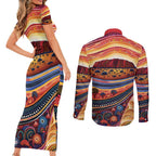 Uluru Ayers Rock Sunset Couples Matching Short Sleeve Bodycon Dress and Long Sleeve Button Shirt Aboriginal Dot Painting