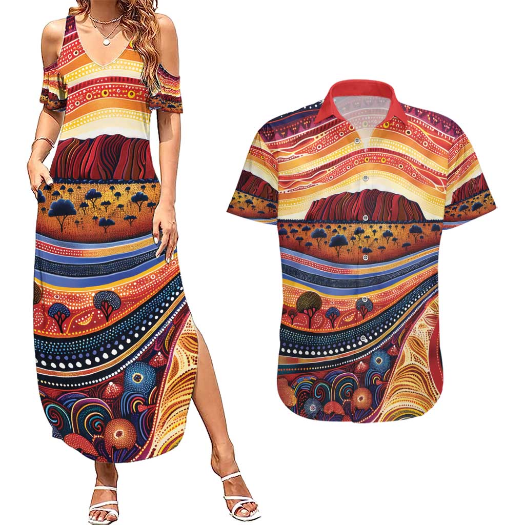 Uluru Ayers Rock Sunset Couples Matching Summer Maxi Dress and Hawaiian Shirt Aboriginal Dot Painting
