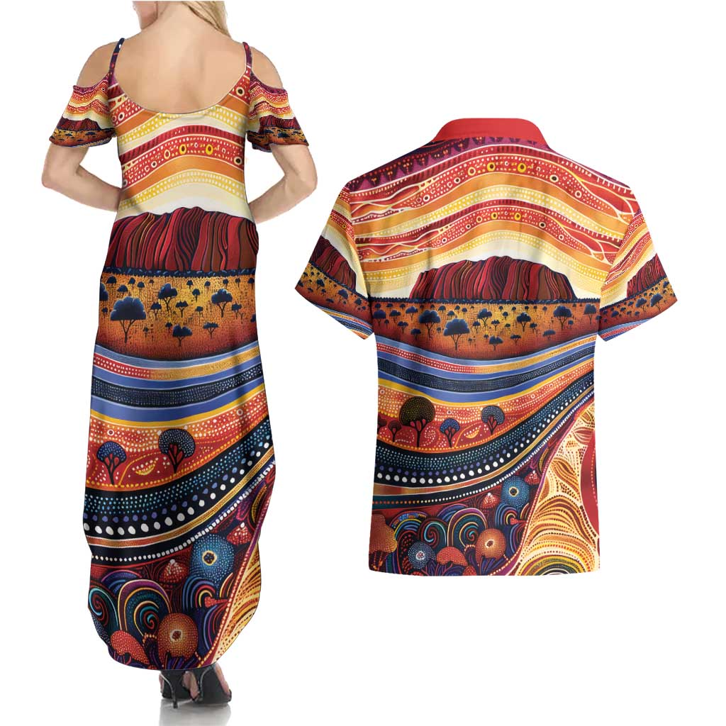 Uluru Ayers Rock Sunset Couples Matching Summer Maxi Dress and Hawaiian Shirt Aboriginal Dot Painting