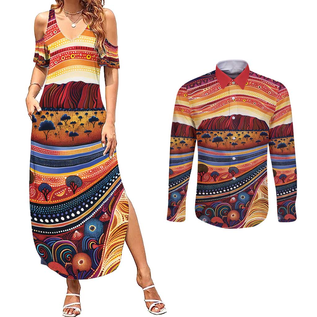 Uluru Ayers Rock Sunset Couples Matching Summer Maxi Dress and Long Sleeve Button Shirt Aboriginal Dot Painting