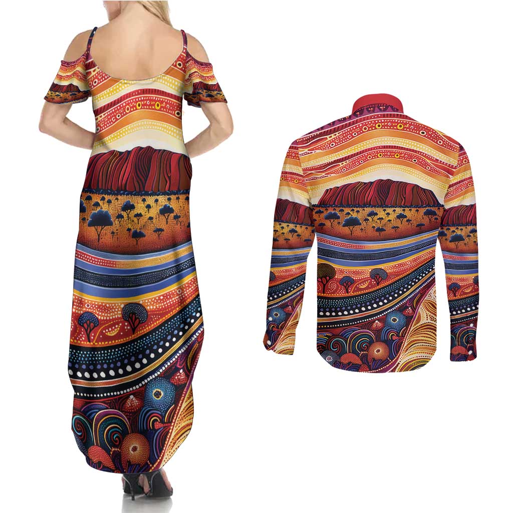 Uluru Ayers Rock Sunset Couples Matching Summer Maxi Dress and Long Sleeve Button Shirt Aboriginal Dot Painting