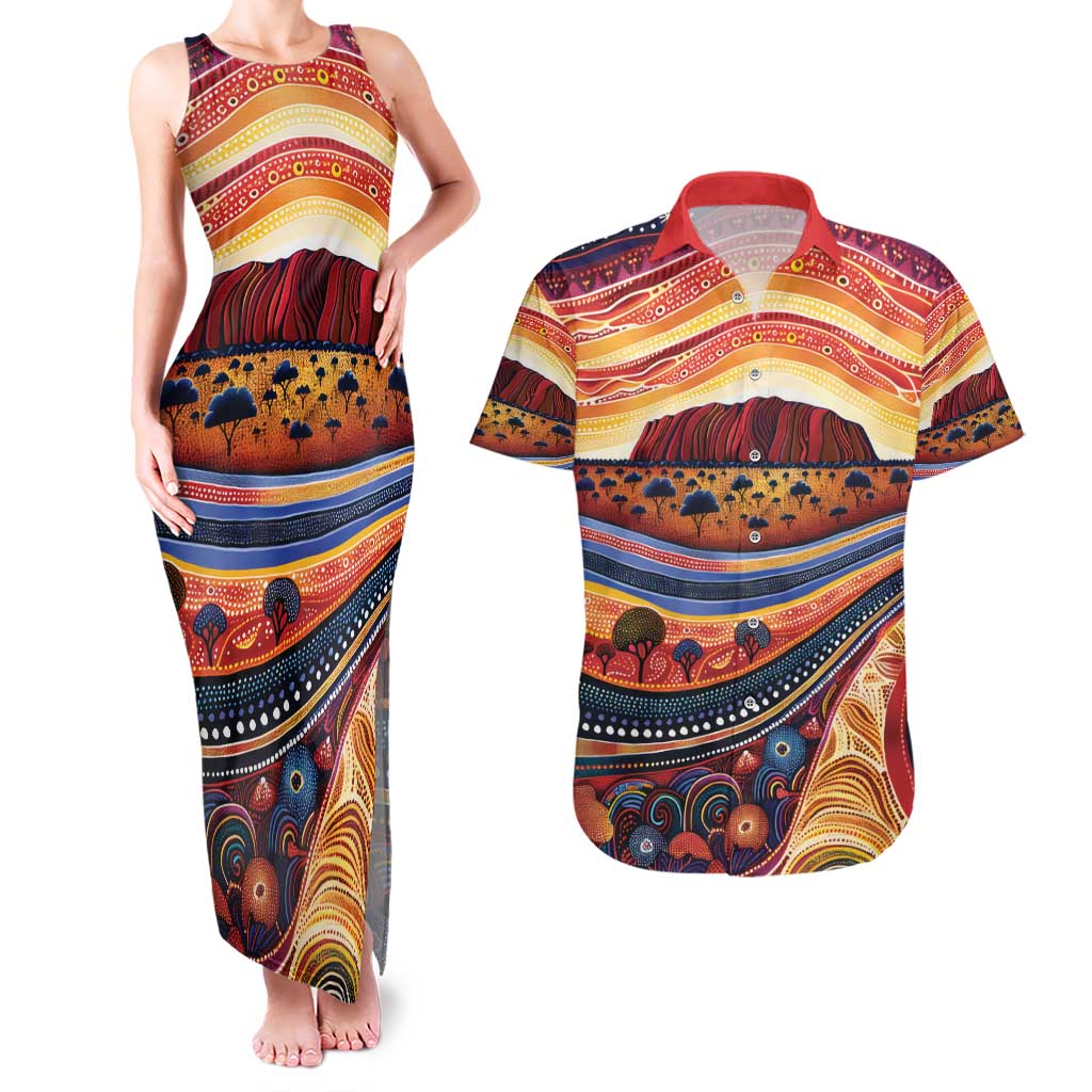 Uluru Ayers Rock Sunset Couples Matching Tank Maxi Dress and Hawaiian Shirt Aboriginal Dot Painting