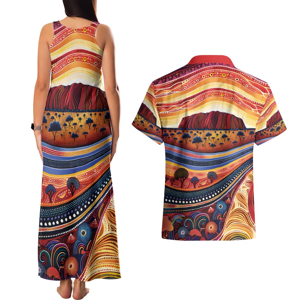 Uluru Ayers Rock Sunset Couples Matching Tank Maxi Dress and Hawaiian Shirt Aboriginal Dot Painting