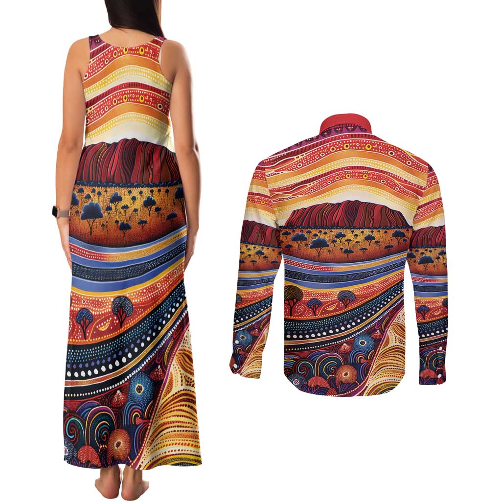 Uluru Ayers Rock Sunset Couples Matching Tank Maxi Dress and Long Sleeve Button Shirt Aboriginal Dot Painting