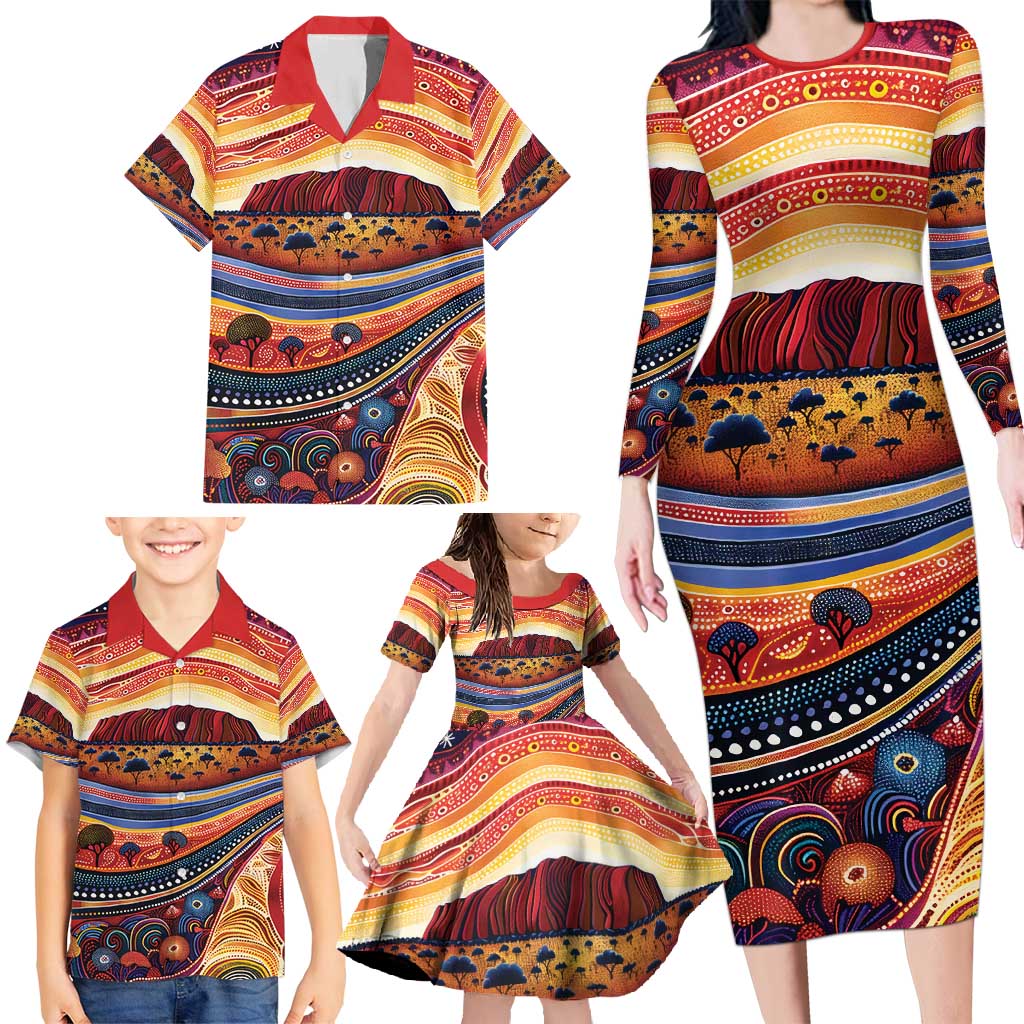 Uluru Ayers Rock Sunset Family Matching Long Sleeve Bodycon Dress and Hawaiian Shirt Aboriginal Dot Painting