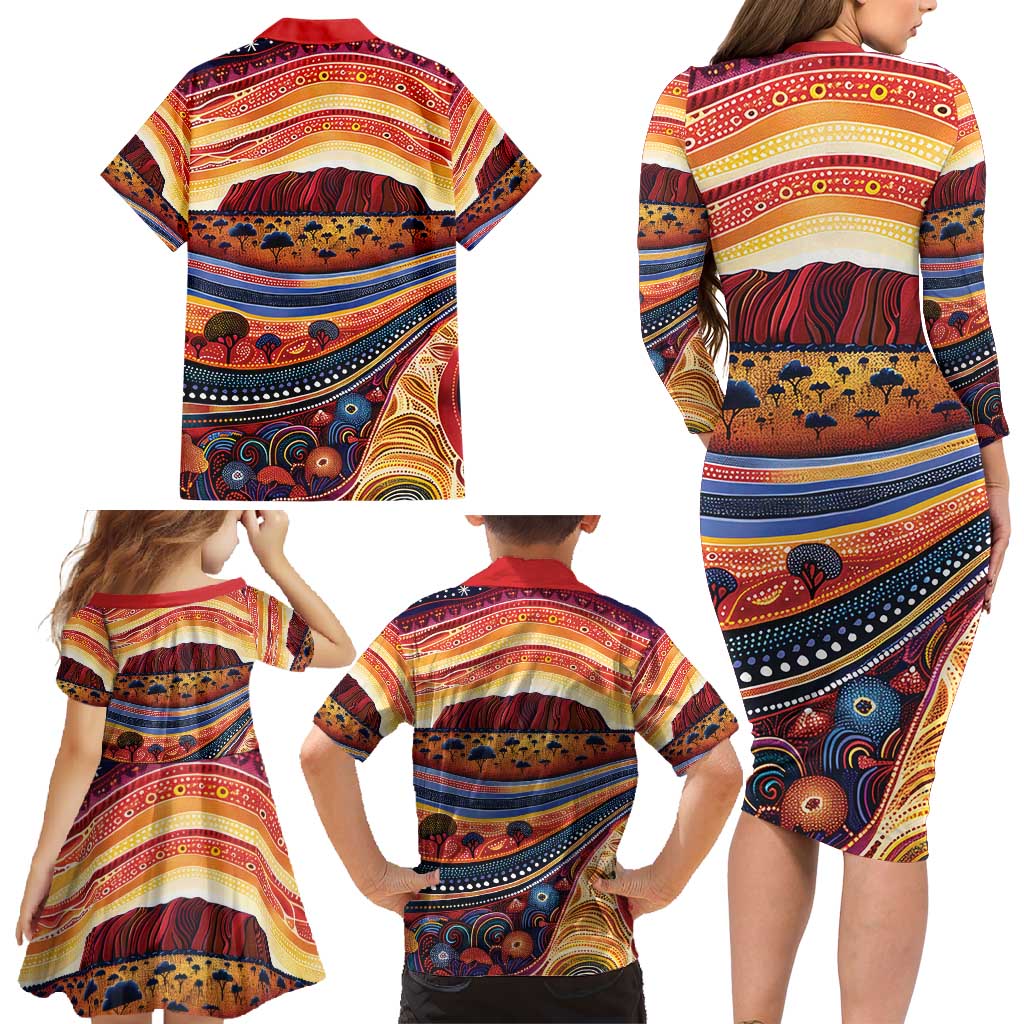 Uluru Ayers Rock Sunset Family Matching Long Sleeve Bodycon Dress and Hawaiian Shirt Aboriginal Dot Painting