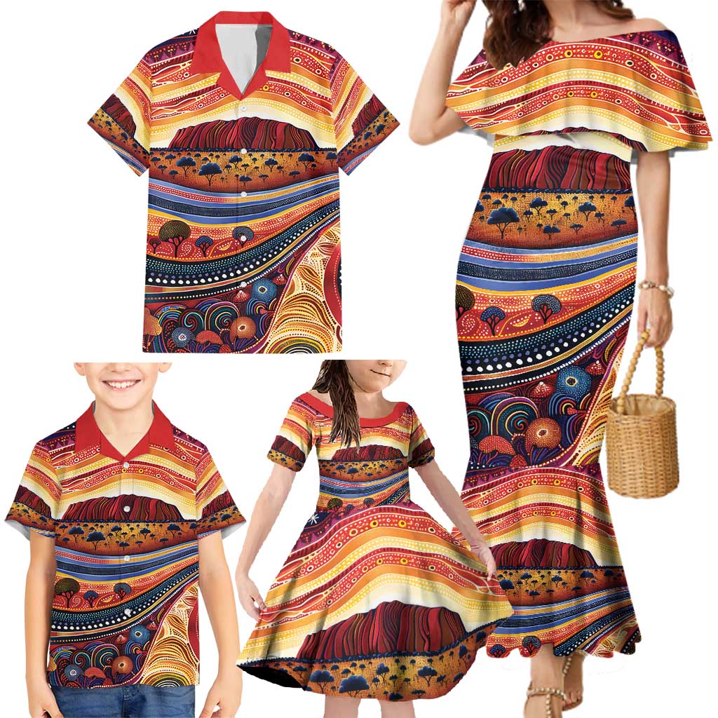 Uluru Ayers Rock Sunset Family Matching Mermaid Dress and Hawaiian Shirt Aboriginal Dot Painting