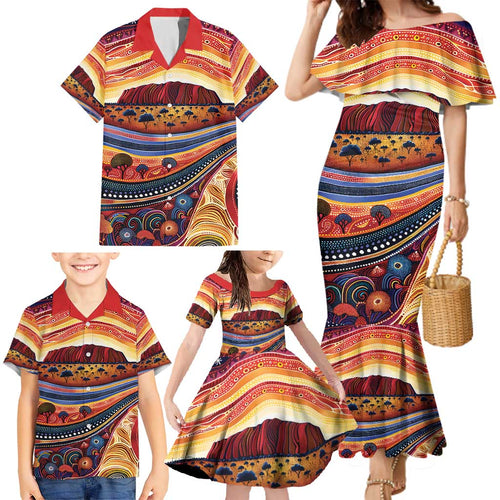 Uluru Ayers Rock Sunset Family Matching Mermaid Dress and Hawaiian Shirt Aboriginal Dot Painting