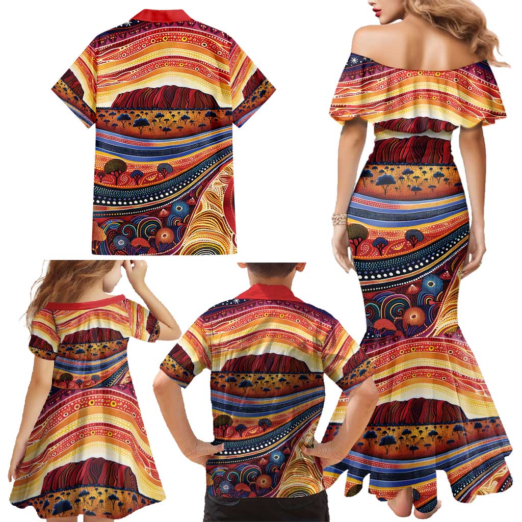 Uluru Ayers Rock Sunset Family Matching Mermaid Dress and Hawaiian Shirt Aboriginal Dot Painting