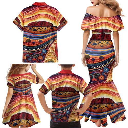 Uluru Ayers Rock Sunset Family Matching Mermaid Dress and Hawaiian Shirt Aboriginal Dot Painting
