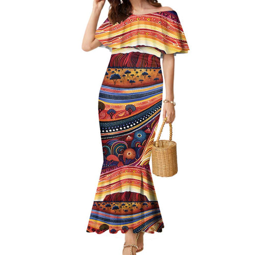 Uluru Ayers Rock Sunset Family Matching Mermaid Dress and Hawaiian Shirt Aboriginal Dot Painting