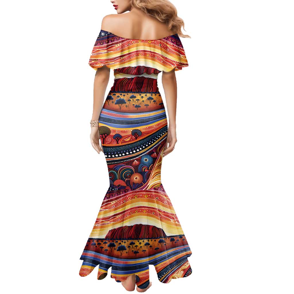 Uluru Ayers Rock Sunset Family Matching Mermaid Dress and Hawaiian Shirt Aboriginal Dot Painting