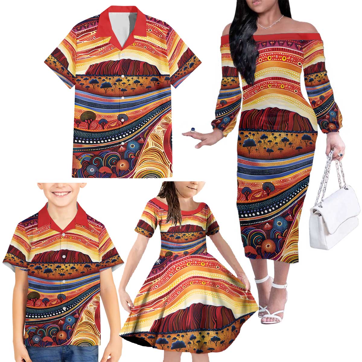 Uluru Ayers Rock Sunset Family Matching Off The Shoulder Long Sleeve Dress and Hawaiian Shirt Aboriginal Dot Painting