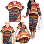 Uluru Ayers Rock Sunset Family Matching Off The Shoulder Long Sleeve Dress and Hawaiian Shirt Aboriginal Dot Painting
