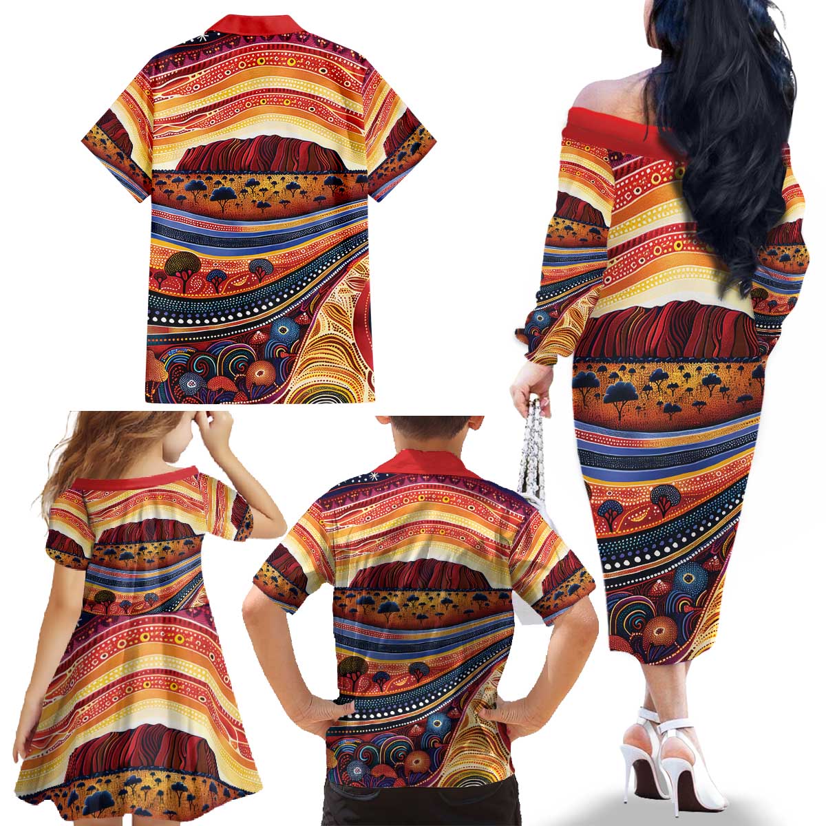 Uluru Ayers Rock Sunset Family Matching Off The Shoulder Long Sleeve Dress and Hawaiian Shirt Aboriginal Dot Painting