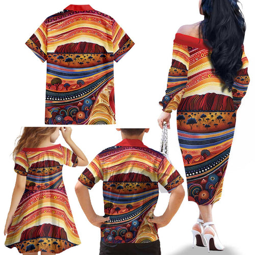 Uluru Ayers Rock Sunset Family Matching Off The Shoulder Long Sleeve Dress and Hawaiian Shirt Aboriginal Dot Painting