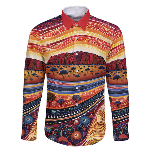 Uluru Ayers Rock Sunset Family Matching Off The Shoulder Long Sleeve Dress and Hawaiian Shirt Aboriginal Dot Painting