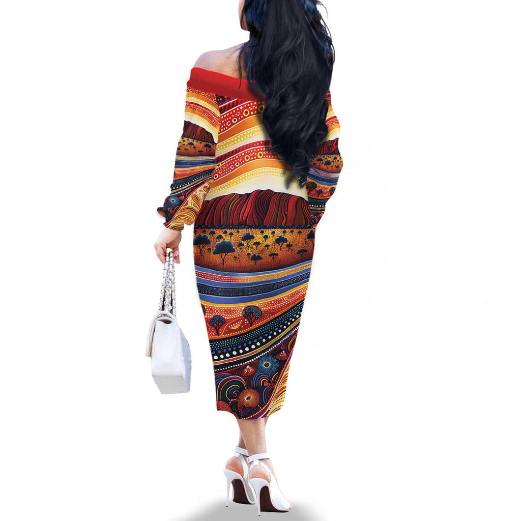Uluru Ayers Rock Sunset Family Matching Off The Shoulder Long Sleeve Dress and Hawaiian Shirt Aboriginal Dot Painting