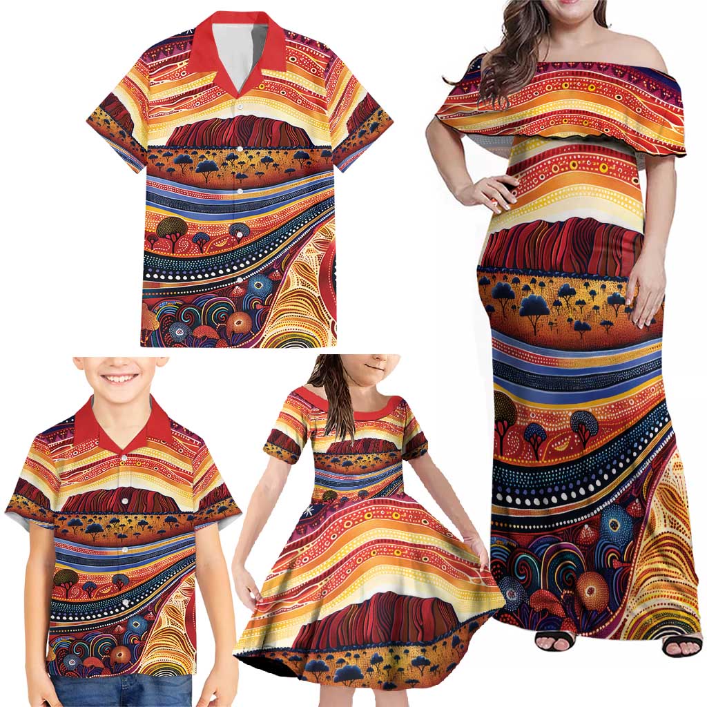 Uluru Ayers Rock Sunset Family Matching Off Shoulder Maxi Dress and Hawaiian Shirt Aboriginal Dot Painting
