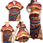 Uluru Ayers Rock Sunset Family Matching Off Shoulder Maxi Dress and Hawaiian Shirt Aboriginal Dot Painting