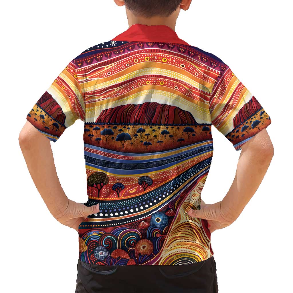 Uluru Ayers Rock Sunset Family Matching Off Shoulder Maxi Dress and Hawaiian Shirt Aboriginal Dot Painting