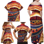 Uluru Ayers Rock Sunset Family Matching Off Shoulder Maxi Dress and Hawaiian Shirt Aboriginal Dot Painting
