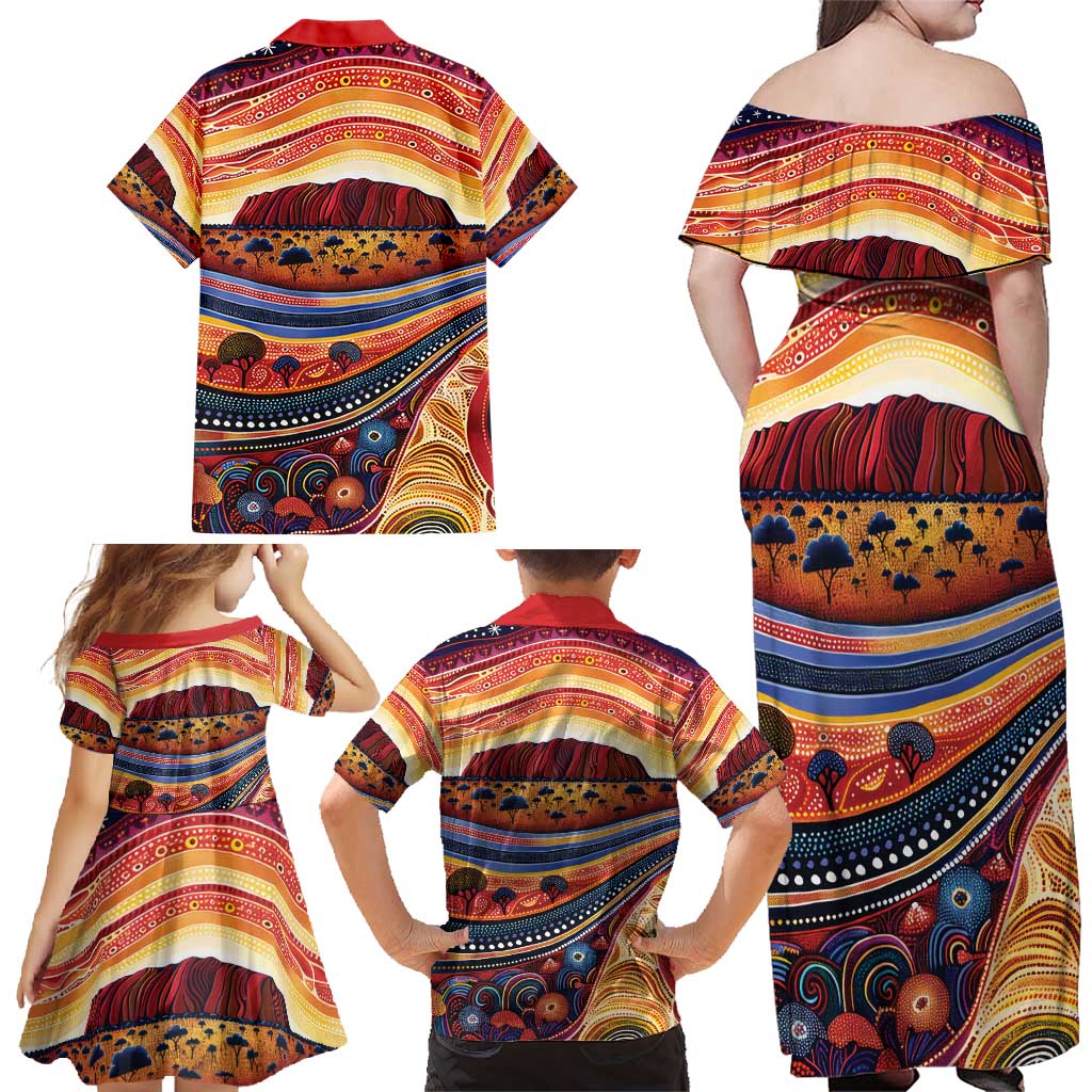 Uluru Ayers Rock Sunset Family Matching Off Shoulder Maxi Dress and Hawaiian Shirt Aboriginal Dot Painting