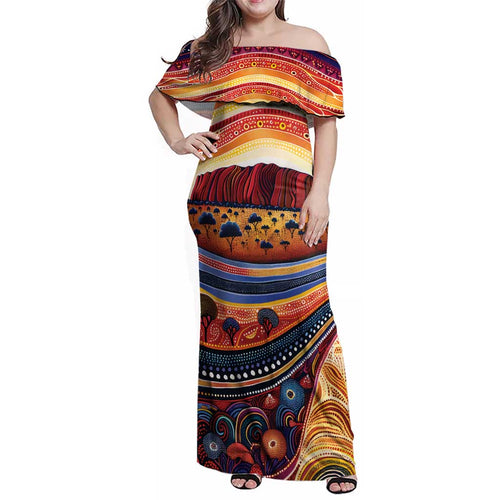 Uluru Ayers Rock Sunset Family Matching Off Shoulder Maxi Dress and Hawaiian Shirt Aboriginal Dot Painting
