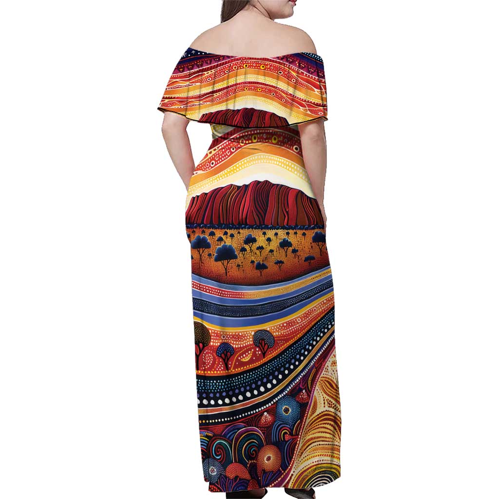 Uluru Ayers Rock Sunset Family Matching Off Shoulder Maxi Dress and Hawaiian Shirt Aboriginal Dot Painting