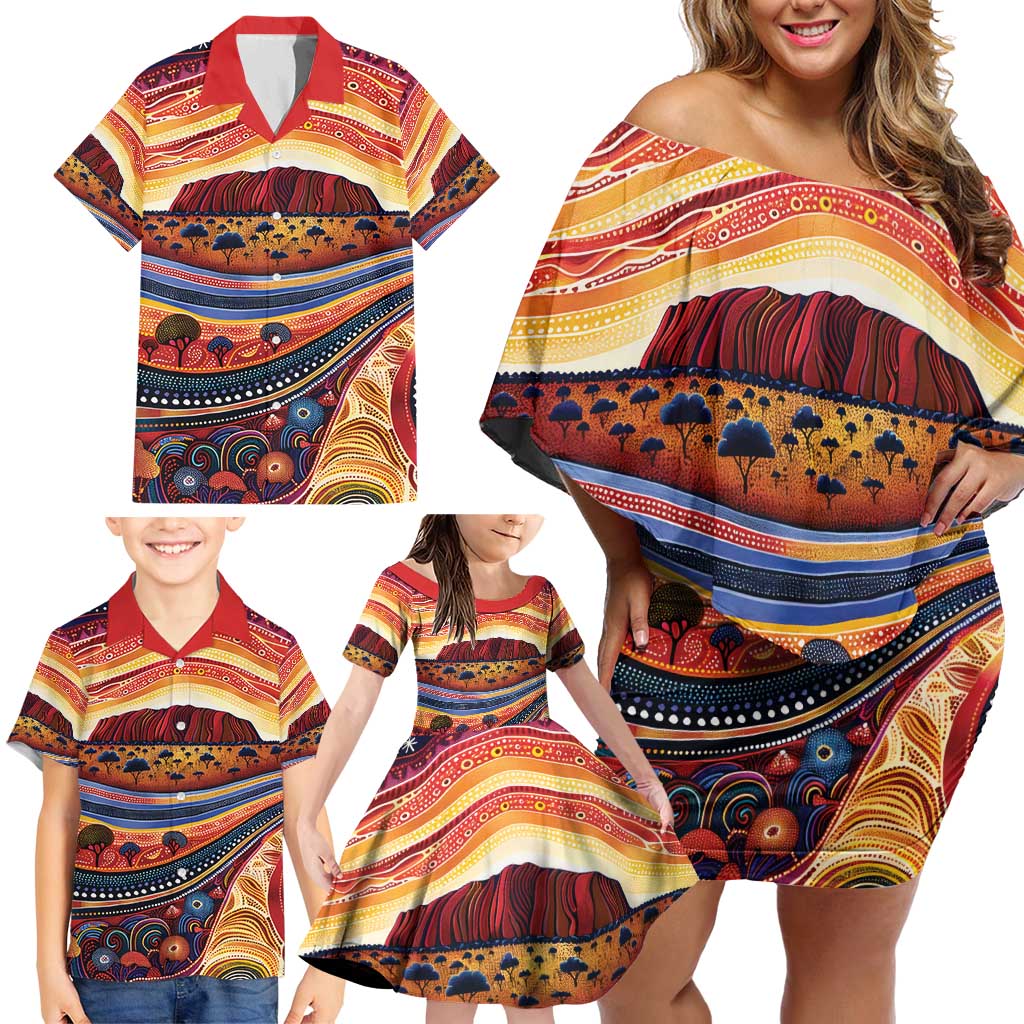 Uluru Ayers Rock Sunset Family Matching Off Shoulder Short Dress and Hawaiian Shirt Aboriginal Dot Painting