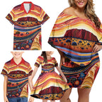Uluru Ayers Rock Sunset Family Matching Off Shoulder Short Dress and Hawaiian Shirt Aboriginal Dot Painting