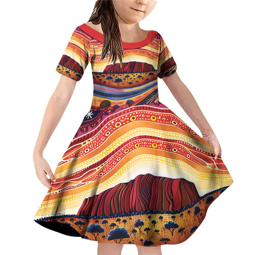 Uluru Ayers Rock Sunset Family Matching Off Shoulder Short Dress and Hawaiian Shirt Aboriginal Dot Painting