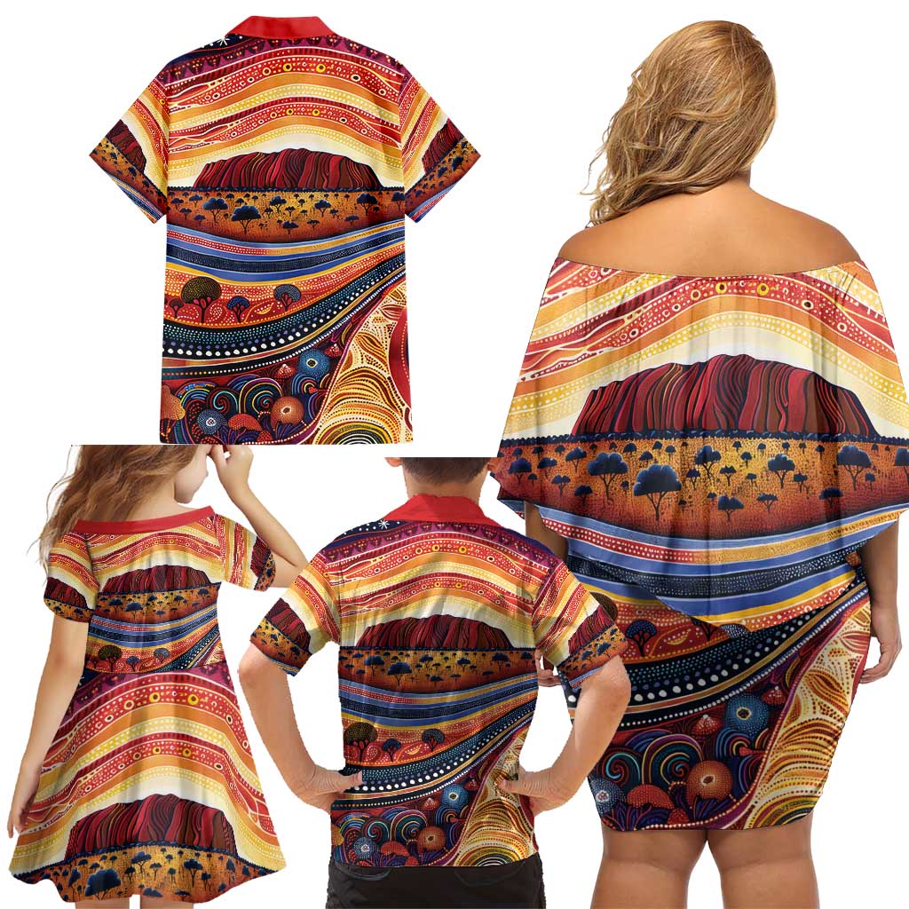 Uluru Ayers Rock Sunset Family Matching Off Shoulder Short Dress and Hawaiian Shirt Aboriginal Dot Painting