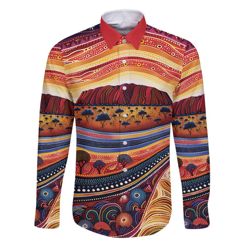 Uluru Ayers Rock Sunset Family Matching Off Shoulder Short Dress and Hawaiian Shirt Aboriginal Dot Painting