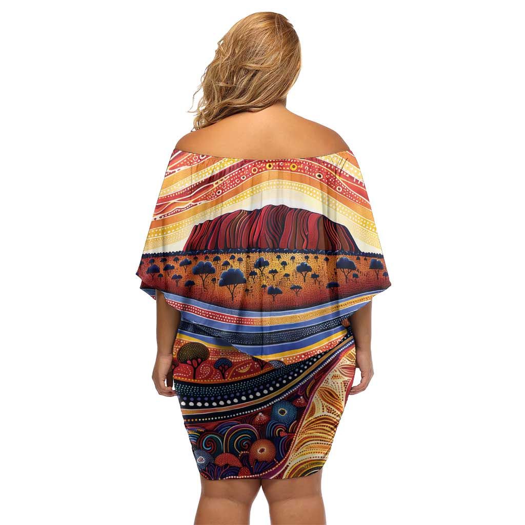 Uluru Ayers Rock Sunset Family Matching Off Shoulder Short Dress and Hawaiian Shirt Aboriginal Dot Painting