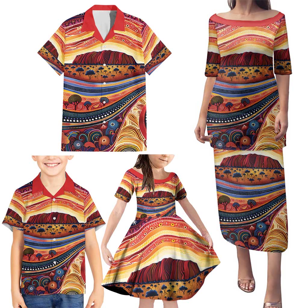 Uluru Ayers Rock Sunset Family Matching Puletasi and Hawaiian Shirt Aboriginal Dot Painting